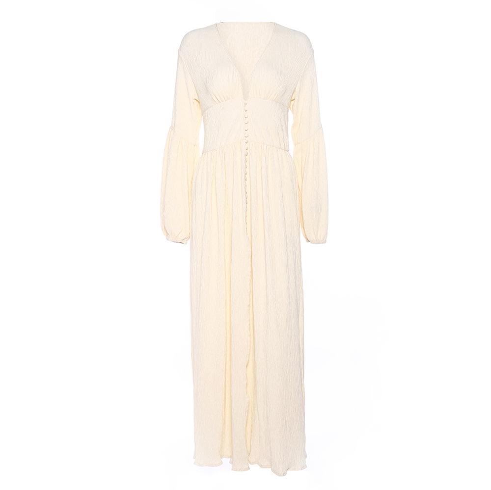 Station-style Retro V-neck Long Skirt Bunker Waist Pleated Loose Long-sleeved Dress