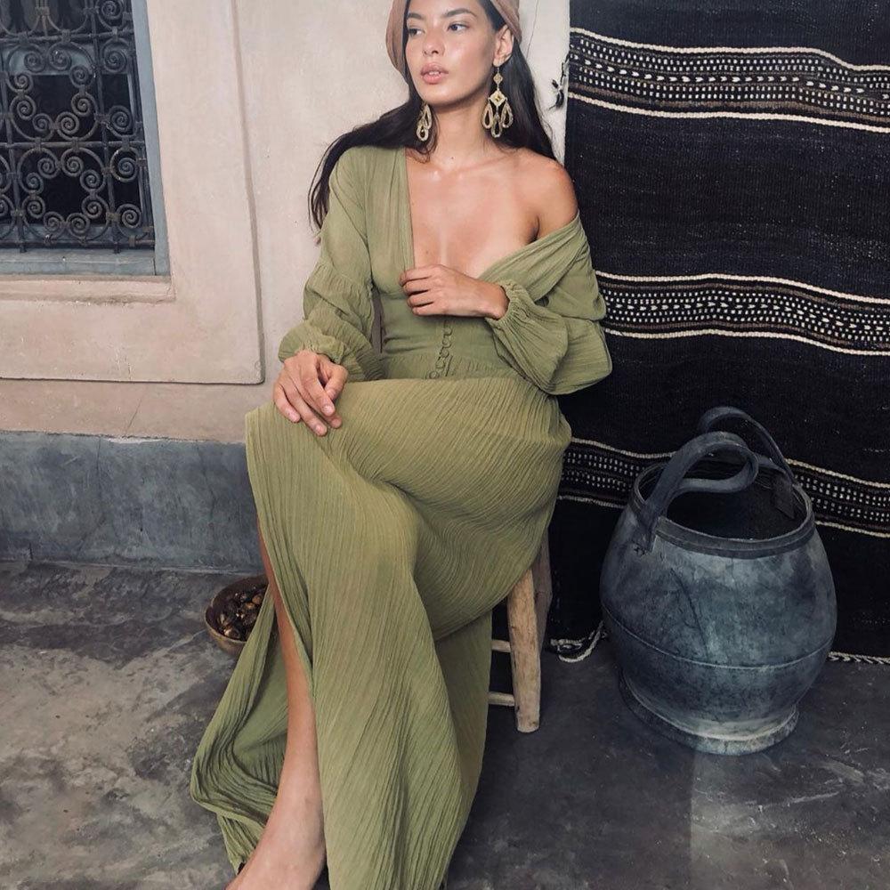 Station-style Retro V-neck Long Skirt Bunker Waist Pleated Loose Long-sleeved Dress